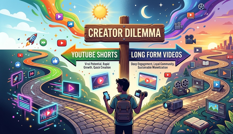 A crossroad sign showing YouTube Shorts on one path and Long Form videos on the other, representing creator dilemma.